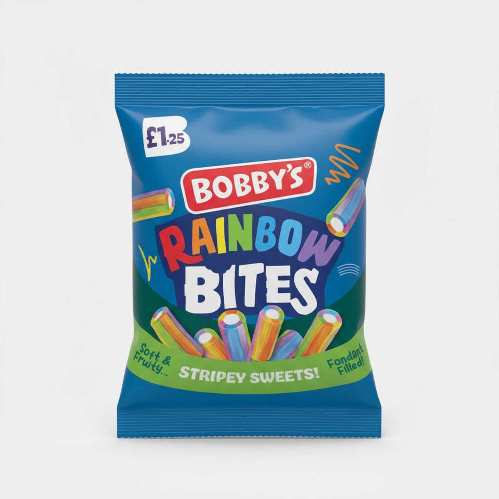 Bobby's Rainbow Bites Soft & Fruity Stripey Sweets Share Bag UK